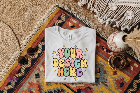 Bohemian T-shirt Mockup with Ethnic Pattern Woven Background Mock Up Photo Sublimatiz Designs 