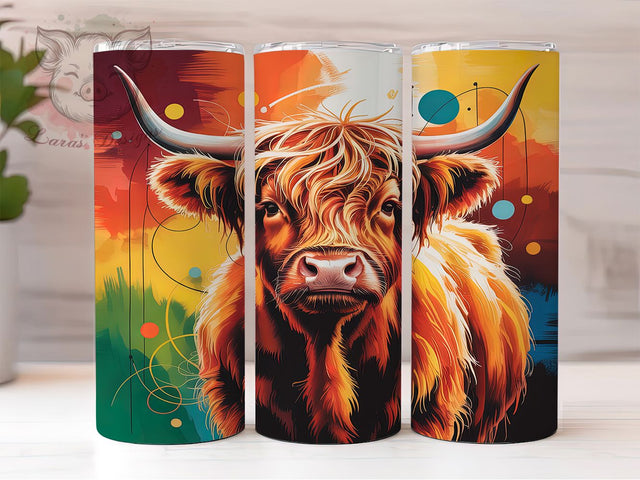 Boho Abstract Highland Cow Tumbler, Abstract Cow Wrap, 20Oz Skinny Tumbler, Rustic Farmhouse Sublimation, Boho Cow Design, Country Western Tumbler, Artistic Animal Wrap Sublimation Lara' s Designs 