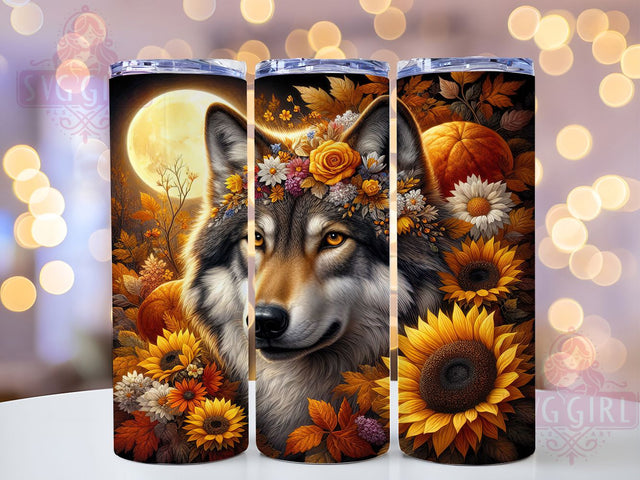 Boho Autumn Floral Wolf Tumbler, Autumn Floral Wrap, 20oz Tumbler Sublimation, Fall Bohemian Design, Rustic Nature Wolf Sublimation, Harvest Bloom Tumbler, Woodland Spirit Wrap Sublimation SvggirlplusArt 