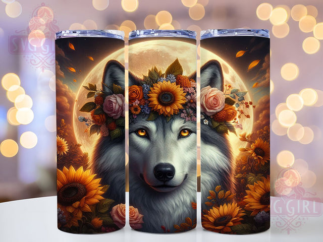 Boho Autumn Floral Wolf Tumbler, Autumn Floral Wrap, 20oz Tumbler Sublimation, Fall Bohemian Design, Rustic Nature Wolf Sublimation, Harvest Bloom Tumbler, Woodland Spirit Wrap Sublimation SvggirlplusArt 