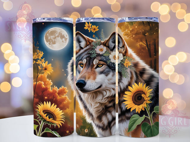 Boho Autumn Floral Wolf Tumbler, Autumn Floral Wrap, 20oz Tumbler Sublimation, Fall Bohemian Design, Rustic Nature Wolf Sublimation, Harvest Bloom Tumbler, Woodland Spirit Wrap Sublimation SvggirlplusArt 