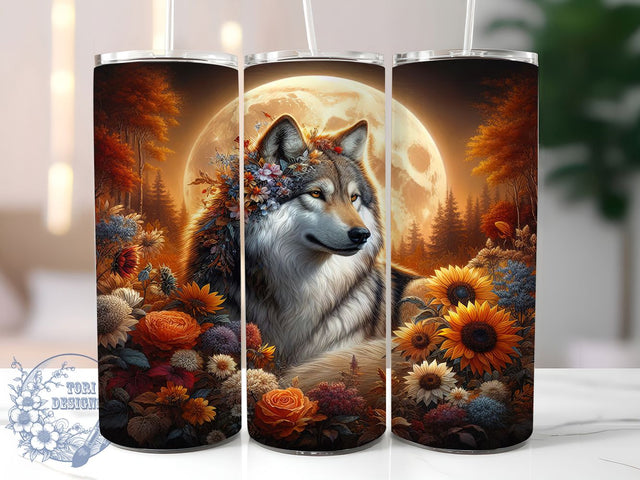Boho Autumn Floral Wolf Tumbler, Autumn Wolf Design, 20Oz Sublimation, Fall Floral Tumbler, Rustic Wolf Printable, Boho Fall Wrap, Floral Wolf Art Sublimation ToriDesigns 