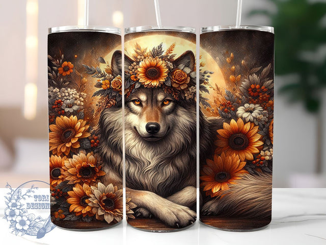 Boho Autumn Floral Wolf Tumbler, Autumn Wolf Design, 20Oz Sublimation, Fall Floral Tumbler, Rustic Wolf Printable, Boho Fall Wrap, Floral Wolf Art Sublimation ToriDesigns 