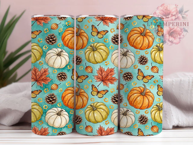 Boho Autumn Pumpkin Butterfly 20oz Tumbler, Boho Pumpkin Motif, Autumn Theme, Butterfly Design, Rustic Accent, Whimsical Charm, Sublimation Wrap, 20oz Tumbler Sublimation Li Zamperini 