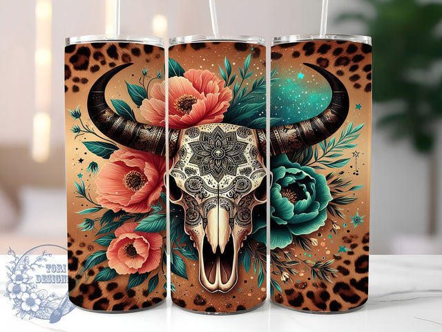 Boho Aztec Western Cow Skull Tumbler, Aztec Western 20Oz Sublimation, Rustic Country Coffee Cup, Southwestern Cow Mug Wrap, Desert Bohemian Drinkware Design, Farmhouse Western Cup, Tribal Cow Skull Tumbler Sublimation ToriDesigns 