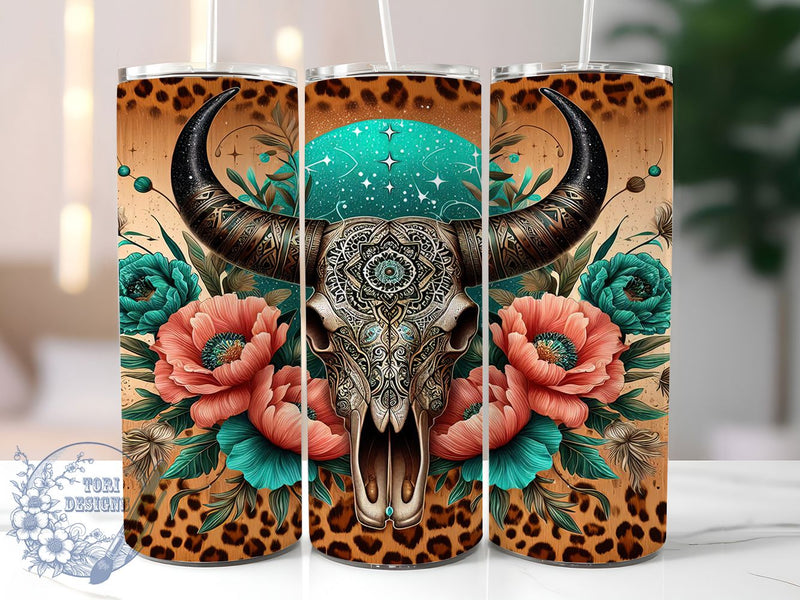 Boho Aztec Western Cow Skull Tumbler, Aztec Western 20Oz Sublimation, Rustic Country Coffee Cup, Southwestern Cow Mug Wrap, Desert Bohemian Drinkware Design, Farmhouse Western Cup, Tribal Cow Skull Tumbler Sublimation ToriDesigns 