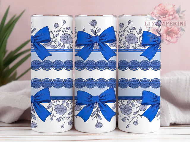 Boho Blue Coquette Floral Tumbler, Boho Flower Pattern, Coquette Aesthetic Design, 20Oz Sublimation Wrap, Romantic Floral Art, Seamless Flower Texture, Tumbler Sublimation Sublimation Li Zamperini 