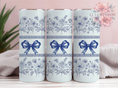 Boho Blue Coquette Floral Tumbler, Boho Flower Pattern, Coquette Aesthetic Design, 20Oz Sublimation Wrap, Romantic Floral Art, Seamless Flower Texture, Tumbler Sublimation Sublimation Li Zamperini 