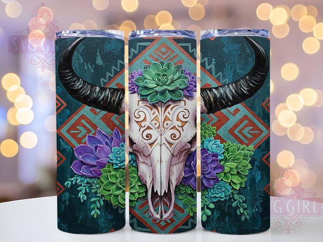 Boho Bull Skull 20oz Aztec Western Tumbler, Aztec Western Cup, 20oz Tumbler Wrap, Southwestern Skull Design, Rustic Cow Skull PNG, Tribal Western Mug, Dark Western Aesthetic Sublimation SvggirlplusArt 