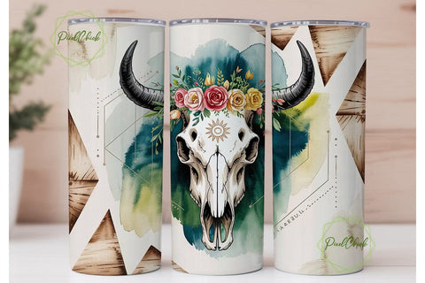 Boho Bull Skull 20oz Tumbler Wrap Sublimation PixelChick 