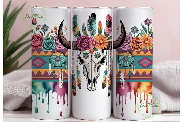 Boho Bull Skull 20oz Tumbler Wrap Sublimation PixelChick 