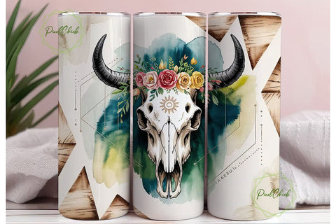 Boho Bull Skull 20oz Tumbler Wrap Sublimation PixelChick 