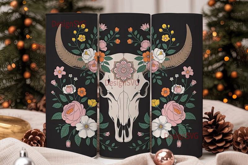 Boho Bull Skull Floral 20oz Tumbler Wrap Sublimation DesignSVG 