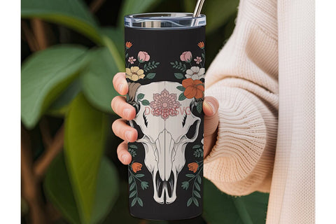 Boho Bull Skull Floral 20oz Tumbler Wrap Sublimation DesignSVG 