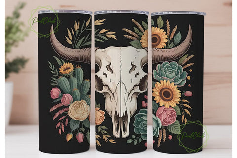Boho Bull Skull Floral 20oz Tumbler Wrap Sublimation PixelChick 