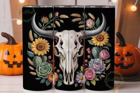 Boho Bull Skull Floral 20oz Tumbler Wrap Sublimation PixelChick 