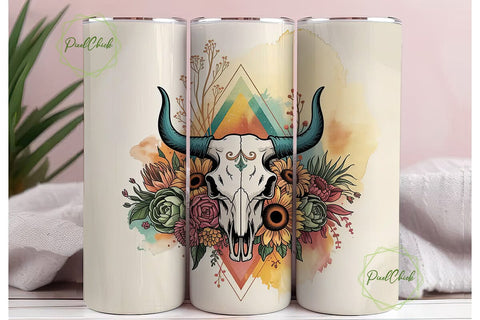 Boho Bull Skull Floral 20oz Tumbler Wrap Sublimation PixelChick 