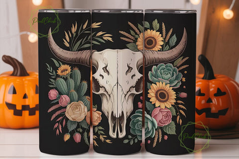 Boho Bull Skull Floral 20oz Tumbler Wrap Sublimation PixelChick 