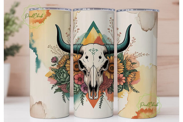 Boho Bull Skull Floral 20oz Tumbler Wrap Sublimation PixelChick 