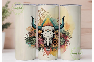 Boho Bull Skull Floral 20oz Tumbler Wrap Sublimation PixelChick 