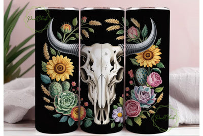 Boho Bull Skull Floral 20oz Tumbler Wrap Sublimation PixelChick 