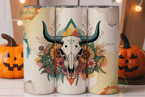 Boho Bull Skull Floral 20oz Tumbler Wrap Sublimation PixelChick 
