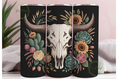 Boho Bull Skull Floral 20oz Tumbler Wrap Sublimation PixelChick 