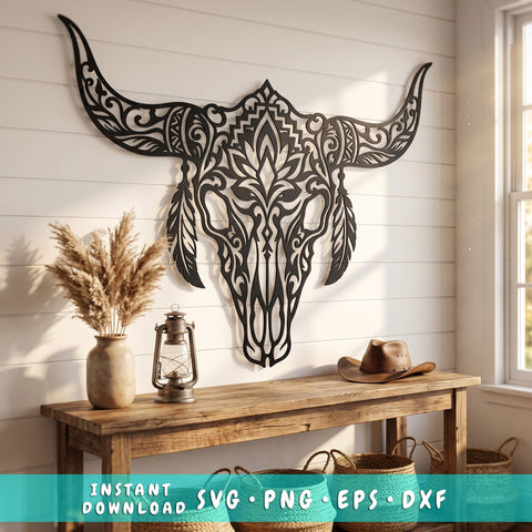 Boho Bull Skull Laser SVG | Floral Longhorn Skull DXF | Western Metal Wall Art Cut File | CNC Plasma Laser Cut Svg | Rustic Cow Skull Decor SVG HappyDesignStudio 