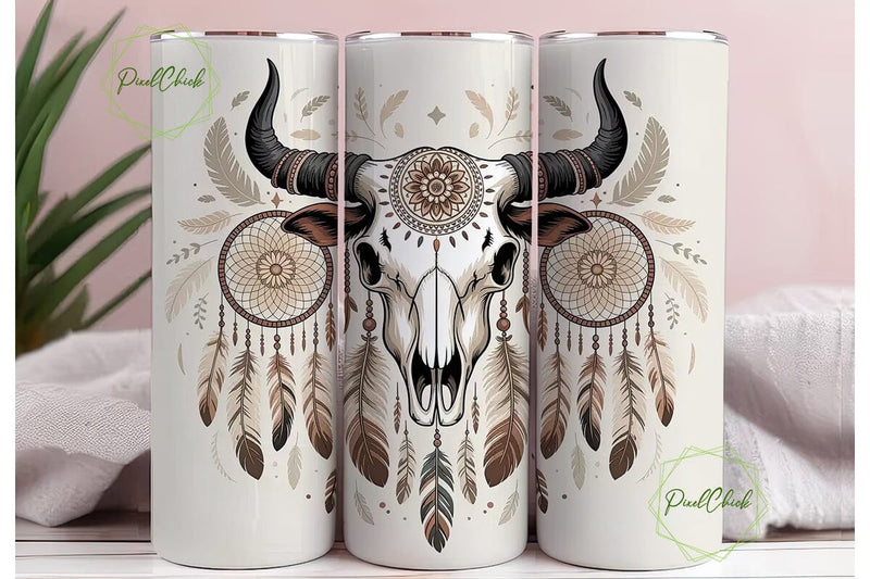 Boho Bull Skull Mandala Tumbler Wrap Sublimation PixelChick 