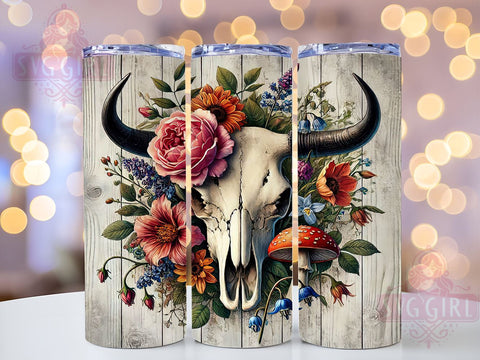 Boho Bull Skull Western 20oz Tumbler, Bull Skull Design, Retro Sublimation, 20oz Tumbler Wrap, Western Decor, Bohemian Style, Unique Drinkware Sublimation SvggirlplusArt 