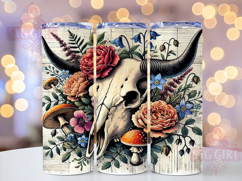 Boho Bull Skull Western 20oz Tumbler, Bull Skull Design, Retro Sublimation, 20oz Tumbler Wrap, Western Decor, Bohemian Style, Unique Drinkware Sublimation SvggirlplusArt 