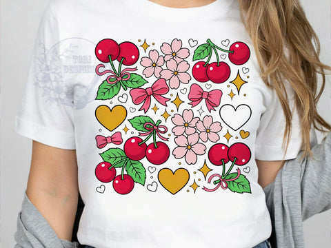Boho Cherry Coquette T-Shirt PNG, Coquette Style, Retro Sticker, Pink Bows, Sublimation PNG, Cherry Blossoms, Golden Hearts Sublimation ToriDesigns 