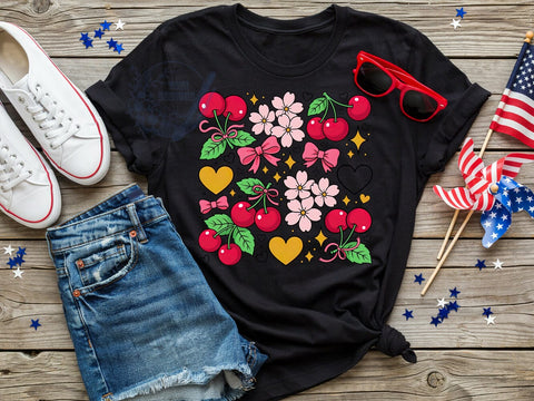Boho Cherry Coquette T-Shirt PNG, Coquette Style, Retro Sticker, Pink Bows, Sublimation PNG, Cherry Blossoms, Golden Hearts Sublimation ToriDesigns 
