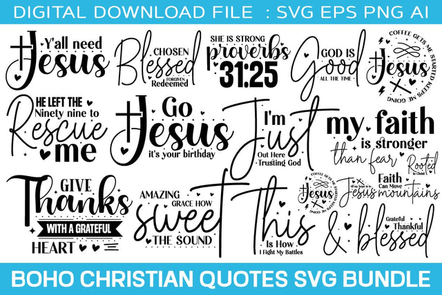 Boho Christian Quotes Svg Bundle,20 designs,SVGs,Quotes and Sayings,Food & Drink,On Sale, Print & Cut SVG designmaster24 