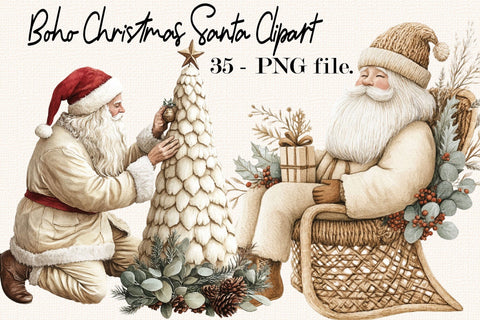 Boho Christmas Santa Clipart Bundle. Sublimation SVGArt 