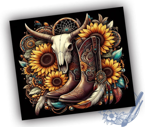 Boho Cow Skull 20oz Skinny Tumbler, Western Tumbler Png, Straight & Tapered Tumbler Wrap, Instant Digital Download Sublimation ToriDesigns 