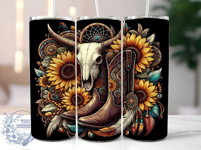 Boho Cow Skull 20oz Skinny Tumbler, Western Tumbler Png, Straight & Tapered Tumbler Wrap, Instant Digital Download Sublimation ToriDesigns 