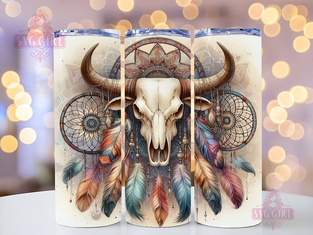 Boho Cow Skull 20oz Tumbler Wrap Sublimation Design, Straight Tapered Tumbler Wrap, Western Dream Catcher Tumbler Png, Instant Digital Download Sublimation SvggirlplusArt 
