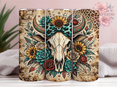 Boho Cow Skull Floral 20oz Tumbler, Cow Skull Design, Boho Style, Floral Pattern, Sublimation Wrap, 20oz Tumbler, Rustic Aesthetic, Western Theme Sublimation Li Zamperini 