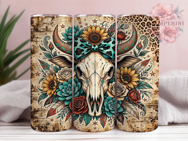 Boho Cow Skull Floral 20oz Tumbler, Cow Skull Design, Boho Style, Floral Pattern, Sublimation Wrap, 20oz Tumbler, Rustic Aesthetic, Western Theme Sublimation Li Zamperini 