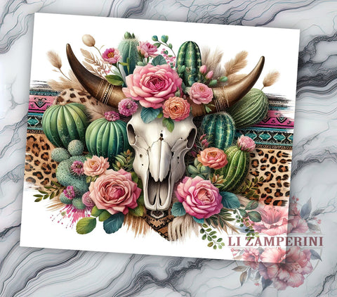 Boho Cow Skull Roses Leopard 20oz Tumbler Wrap PNG, Western Cow Skull Tumbler Png, Straight & Tapered Tumbler Wrap, Instant Digital Download Sublimation Li Zamperini 