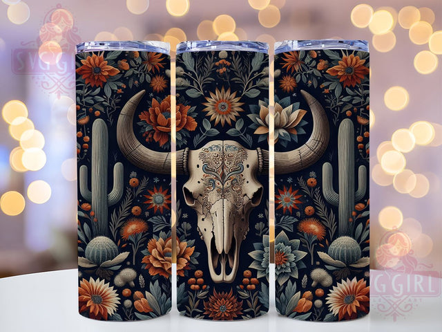 Boho Cow Skull Tumbler, Western Boho Tumbler, Cactus 20oz Wrap, Sublimation Design, Stylish Gift Idea, Rustic Skull Wrap, Southwestern Boho Tumbler Sublimation SvggirlplusArt 