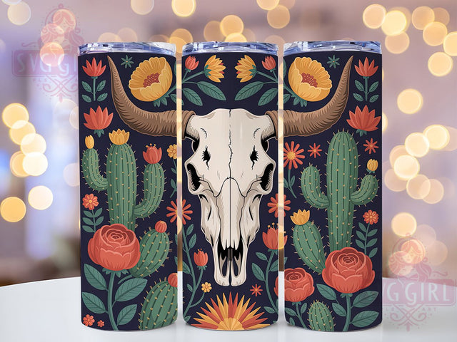 Boho Cow Skull Tumbler, Western Boho Tumbler, Cactus 20oz Wrap, Sublimation Design, Stylish Gift Idea, Rustic Skull Wrap, Southwestern Boho Tumbler Sublimation SvggirlplusArt 