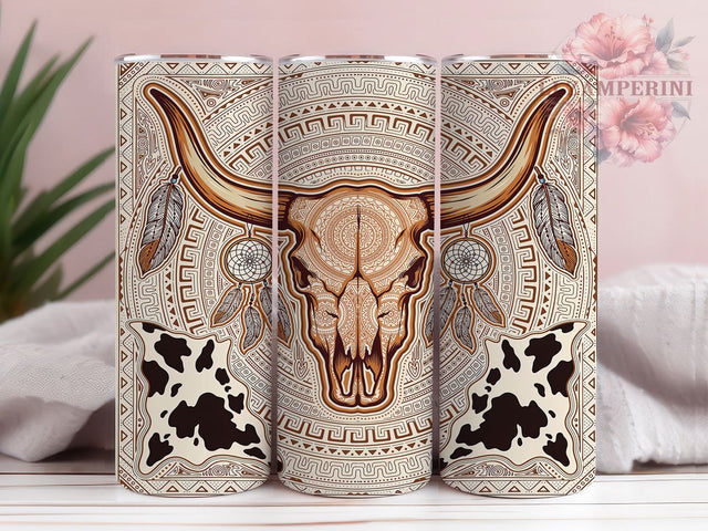Boho Cow Skull Western Decor 20oz Tumbler, Country Western, Longhorn Skull, Rustic Motif, Western Decor, Skinny Tumbler, Sublimation PNG Sublimation Li Zamperini 