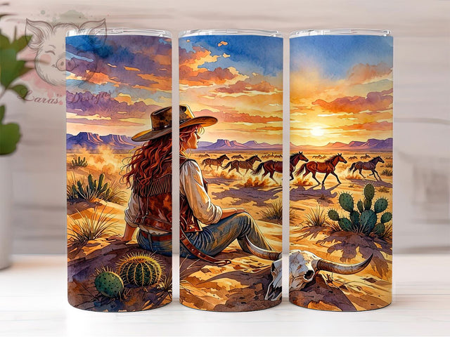 Boho Cowgirl Desert Horses 20oz Tumbler, Boho Style, Cowgirl Motif, Desert Theme, Horse Accent, Sublimation Wrap, 20oz Tumbler, Rustic Charm Sublimation Lara' s Designs 