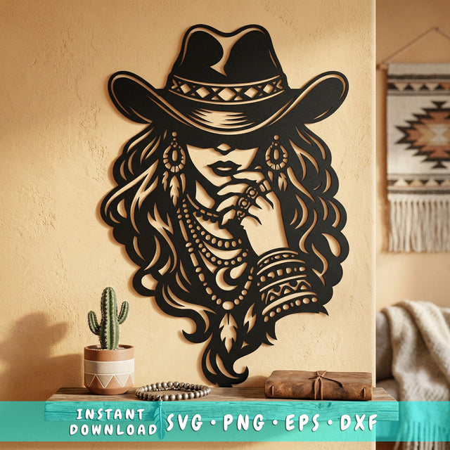 Boho Cowgirl Laser SVG | Western Woman Wall Art | Plasma Cut File | CNC Laser Cut SVG | Metal Art Dxf Eps Png | Rustic Western Decor SVG HappyDesignStudio 
