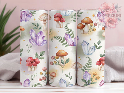 Boho Crystal Dream 20oz Tumbler, Mushroom Pattern, Dreamy Composition, Crystal Motif, Foliage Design, Skinny Tumbler, Sublimation PNG Sublimation Li Zamperini 