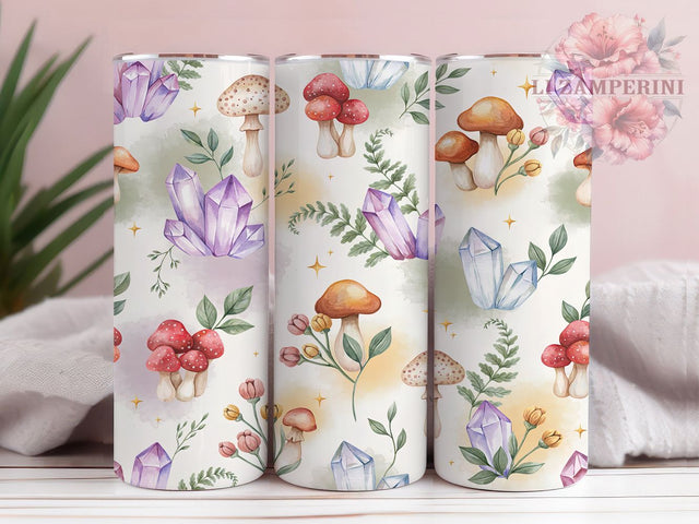 Boho Crystal Dream 20oz Tumbler, Mushroom Pattern, Dreamy Composition, Crystal Motif, Foliage Design, Skinny Tumbler, Sublimation PNG Sublimation Li Zamperini 