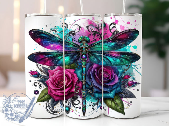 Boho Dragonfly Floral Tumbler, Rose Color Pattern, Boho Bloom Design, 20Oz Sublimation Wrap, Artistic Nature Art, Elegant Flower Texture, Tumbler Sublimation Sublimation ToriDesigns 