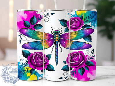 Boho Dragonfly Floral Tumbler, Rose Color Pattern, Boho Bloom Design, 20Oz Sublimation Wrap, Artistic Nature Art, Elegant Flower Texture, Tumbler Sublimation Sublimation ToriDesigns 